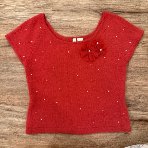 twiggy LONDON Sweaters - Vtg Cropped Sweater Women’s M Red Rabbit Angora Wool Rhinestones Flower Y2K